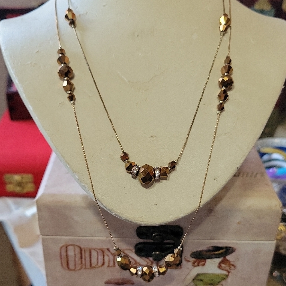 Vintage Double Strand  Gold and Brown Beaded Necklace